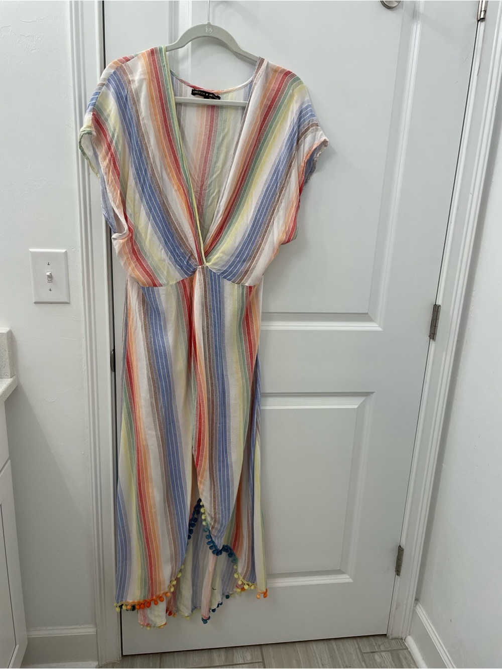 America & Beyond Rainbow Stripe Twist Front Pom Pom Maxi Dress Sz L